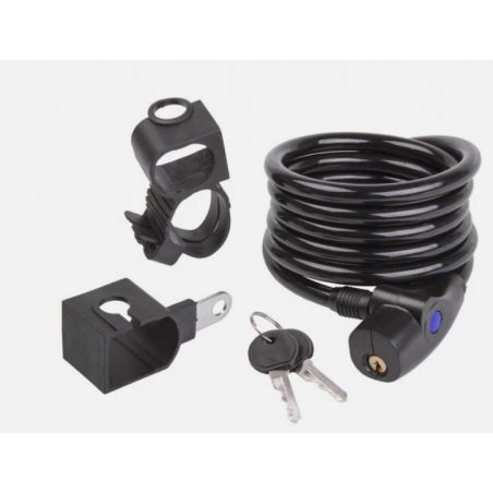 ANTIVOL VELO CABLE SPIRAL A CLE D 10x 1,80M NOIR AVEC SUPPORT